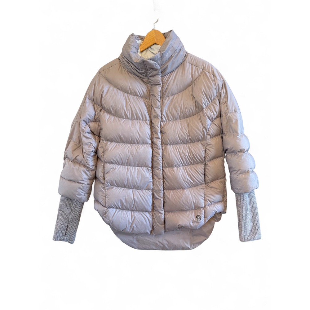 Mountain Hardwear Taupe Puffer Hooded Womens M Jacket Knit Sleeves 650 Down